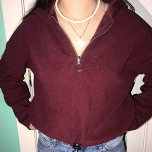 Dark red half zip cropped hoodie
